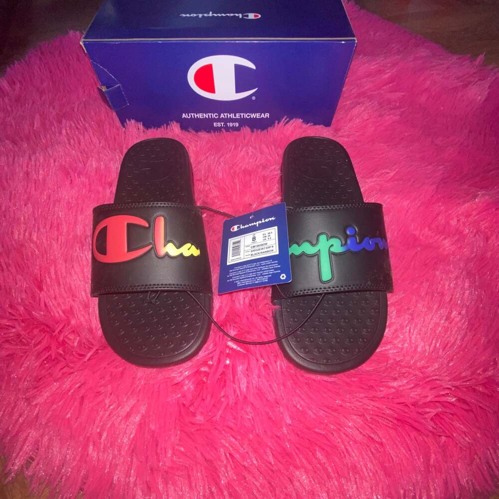 Champion Women's Super Slides Split Script‎ Black/Rainbow Size 7 Brand New